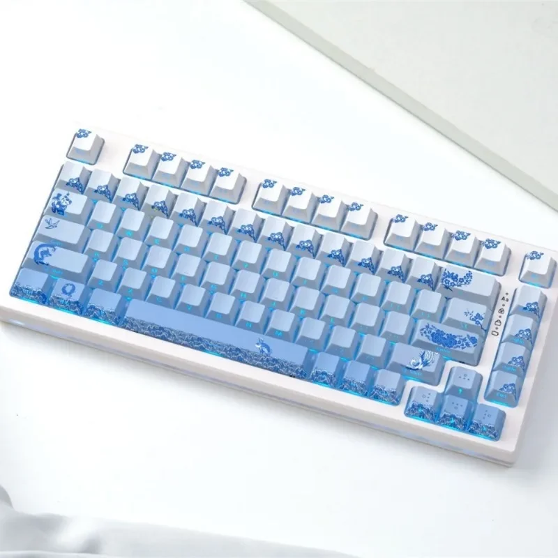 136key PBT Keycaps Cherry Highly Side-engraved Translucent Key Cap Blue and White Porcelain Custom Keycap or Mechanical Keyboard