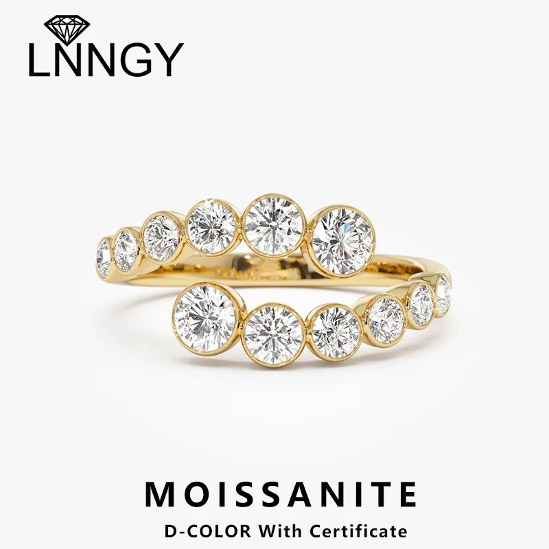 

Lnngy 14K Plated Gold Bypass Curve Bezel Setting Moissanite Adjustable Rings 925 Sterling Silver Rings for Women Party Jewelry