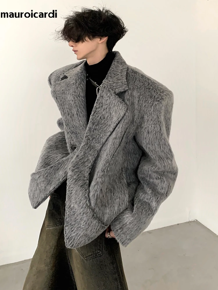 Mauroicardi Autumn Winter Warm Thick Grey Fluffy Wool Blends Blazer Coat Men Shoulder Pads Luxury Designer Woolen Jacket 2024