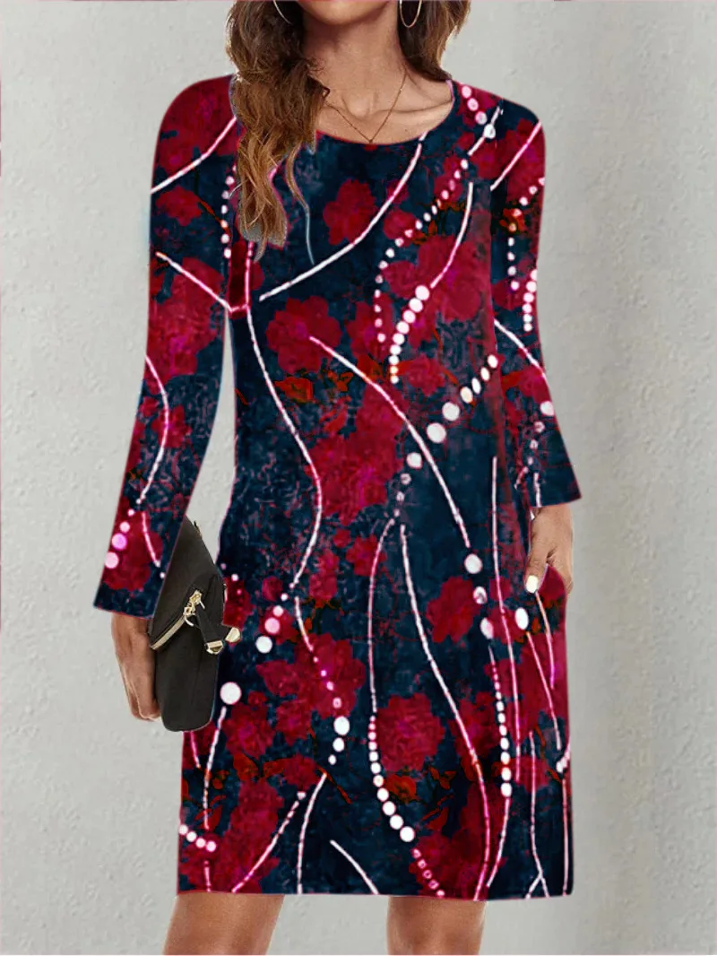 Vestido feminino de manga comprida, bolso casual, estampado, confortável, moda, novo, outono e inverno, 2023