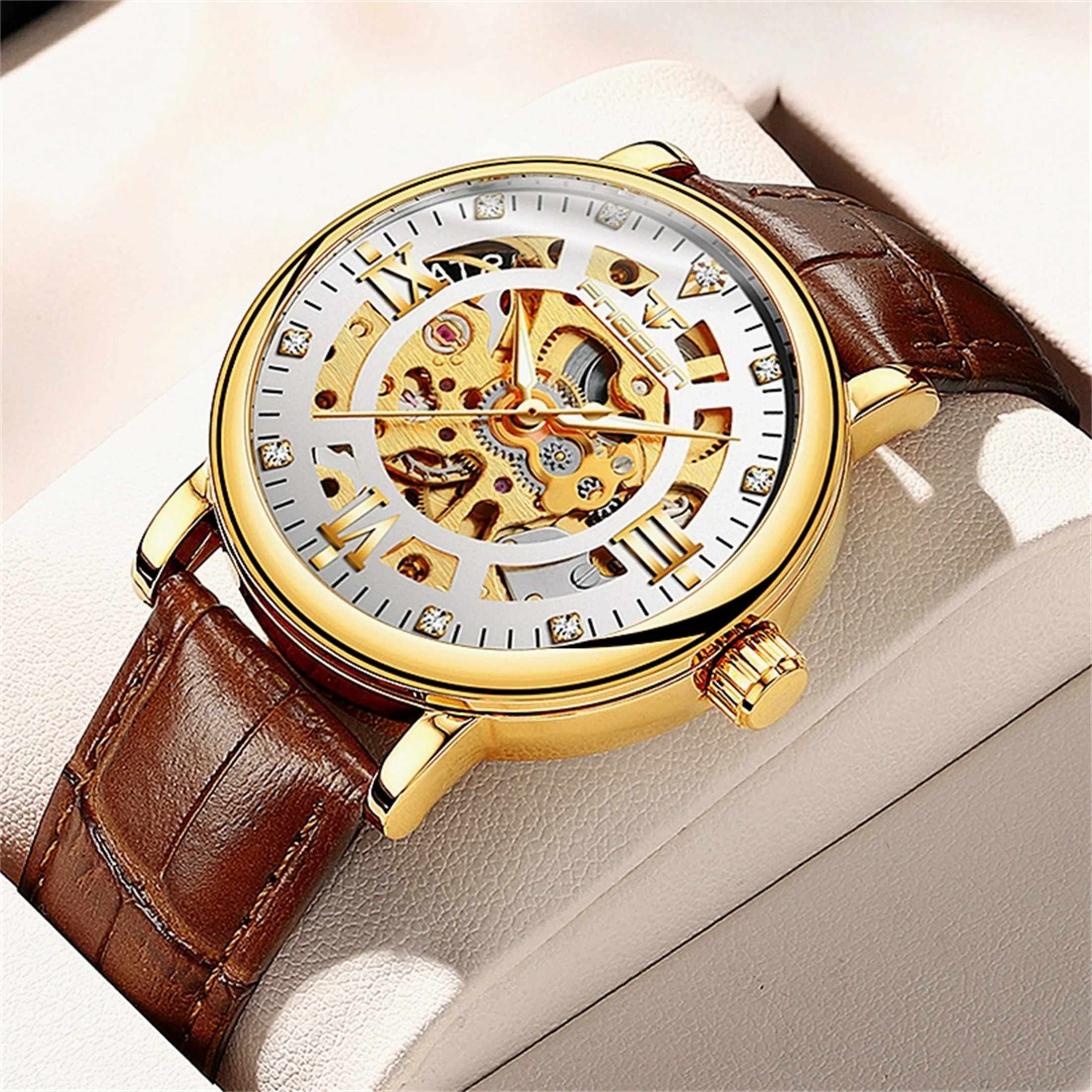 

Luxury Men Watches Automatic Mechanical Wristwatch Skeleton Design Waterproof Leather Strap Male Watch Reloj Hombre 0014