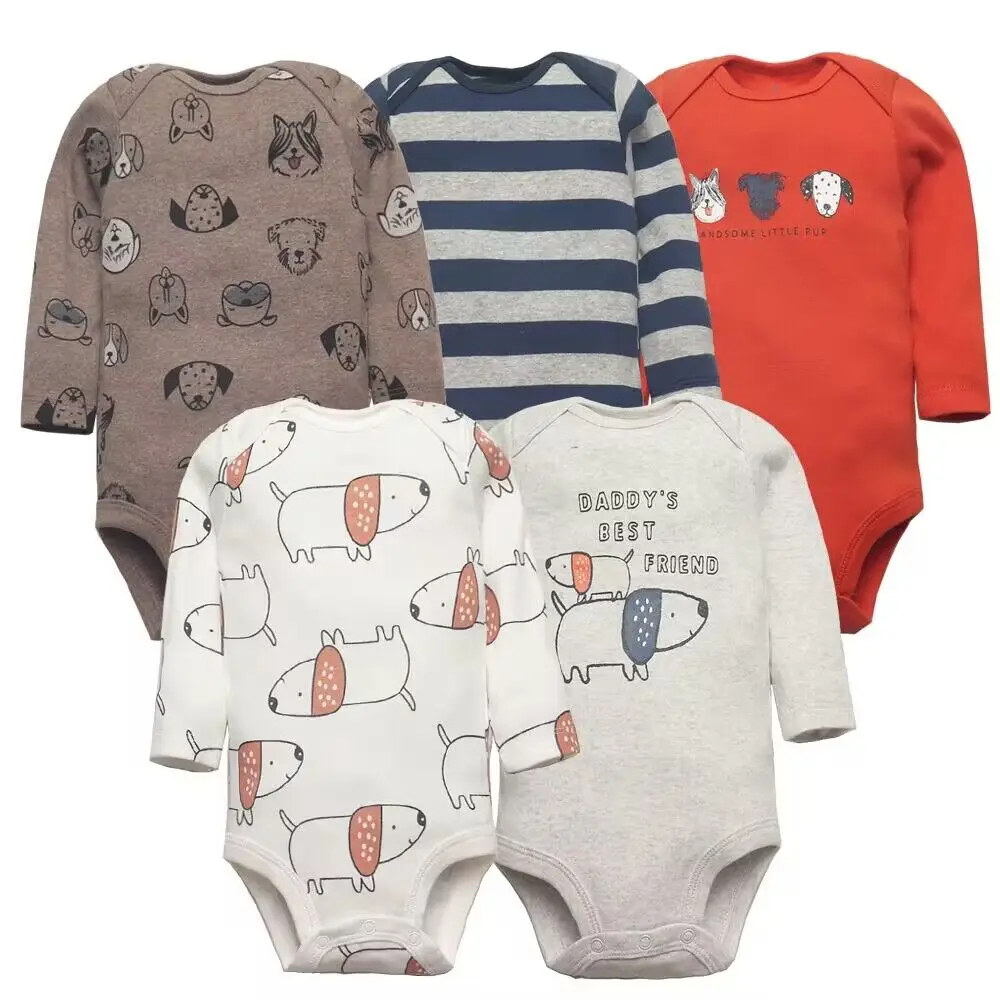 2024 Baby Boy Clothes Sets 5PCS Newborn Cotton Romper Unisex Baby Girl Clothes Long Sleeve Cartoon Print Ropa bebe 6-24M