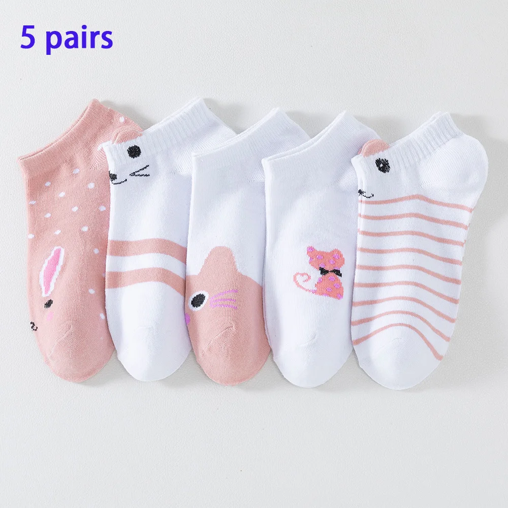 4/5 Pairs of WOMEN'S Short Socks, Pink Cat Thin, Cute Seasonal Boat Socks, Slow Top, Young and Fashionable Ankle Socks