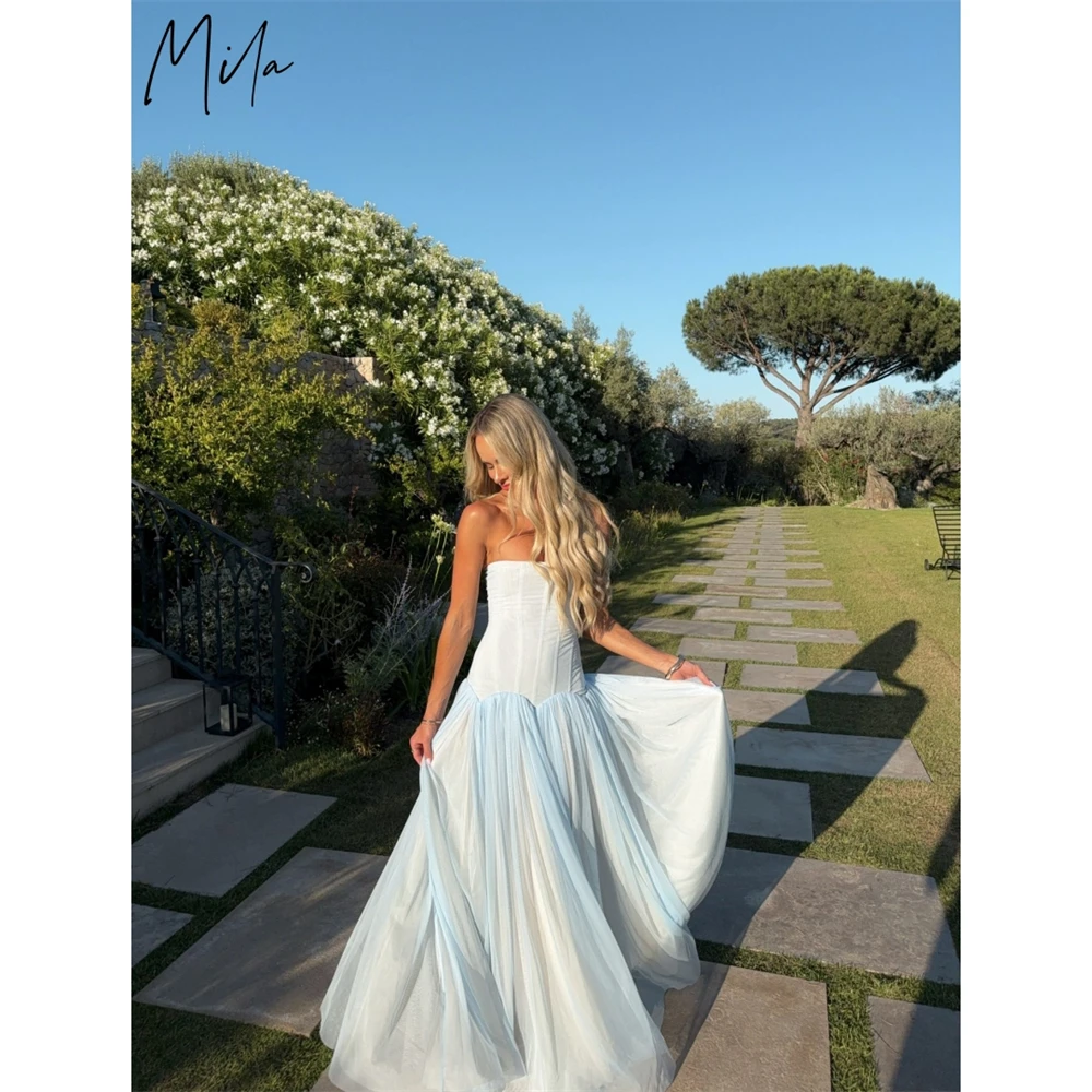 Vestido de Fiesta Personalizado Mila, Azul Celeste, Corte en A, Simple, Sin Tirantes, Plisado, Elegante, Formal, Largo hasta el Suelo