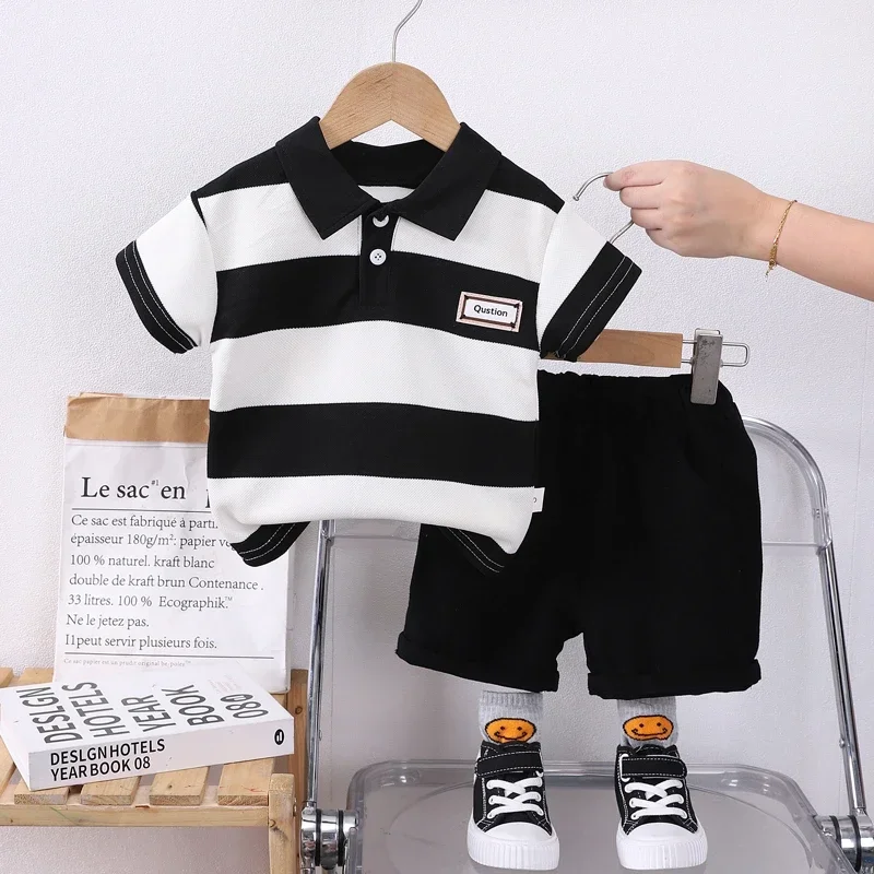 0-4 year old boy POLO shirt set, baby boy stripe short sleeved summer T-shirt+2 shorts Boys\' lapel striped short sleeved