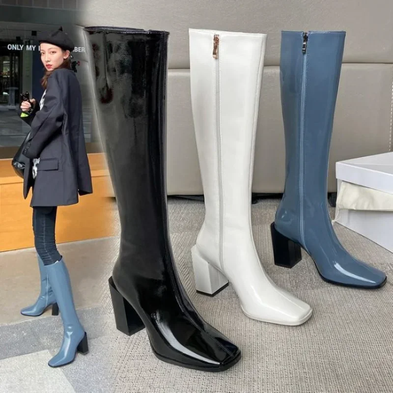 Square Head Thigh-high Boots Autumn Winter New Patent Leather Knee High Botas Female Chunky High Heel Solid Skinny Botas Mujer