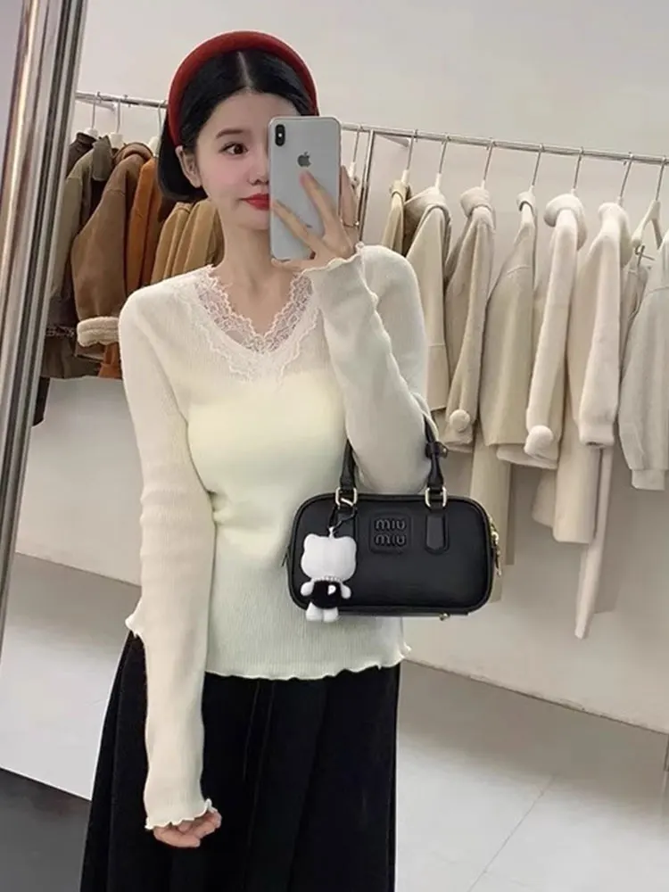 Slim fit renda retalhos malhas macio e confortável feminino faion inverno novo sle v-ne longo sve cor versão coreana