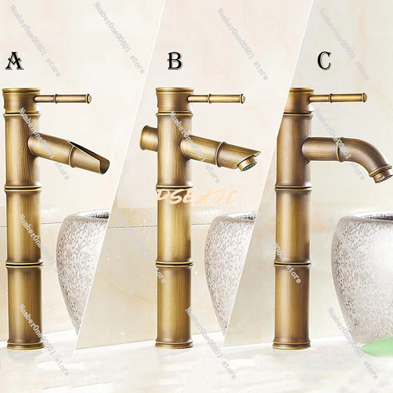 European Antique Bathroom Faucet Brass Basin Faucet Tap Tall Bamboo Finish Sink Hot Cold Water Faucee Kitchen Outdoor Garden Tap