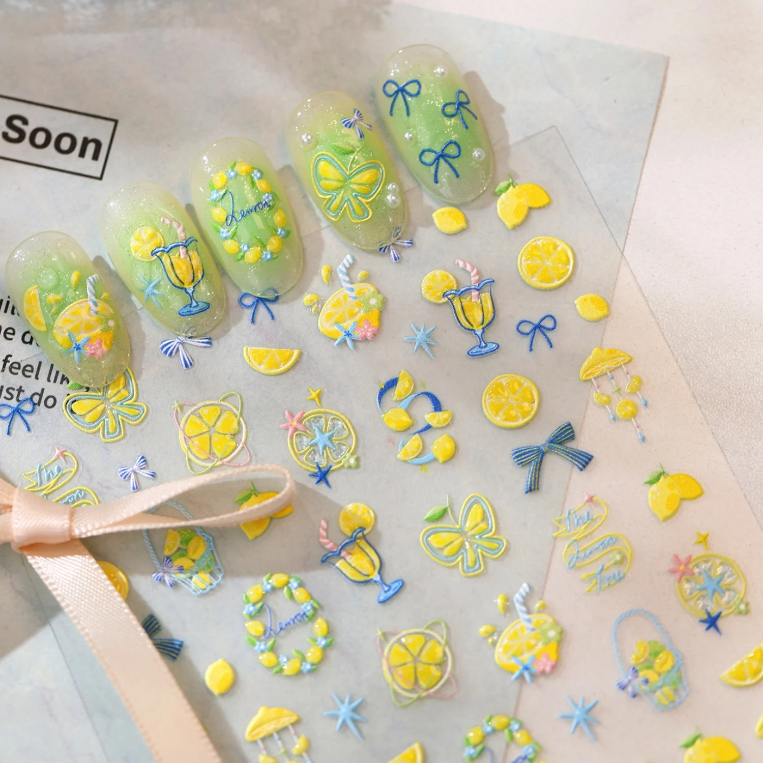 5D Summer Lemon Fruit Nail Stickers Sliced Lemon Drink Cup Butterfly Ribbon Bowknot Wreath Star Self‑Adhesive Nail Art Decals