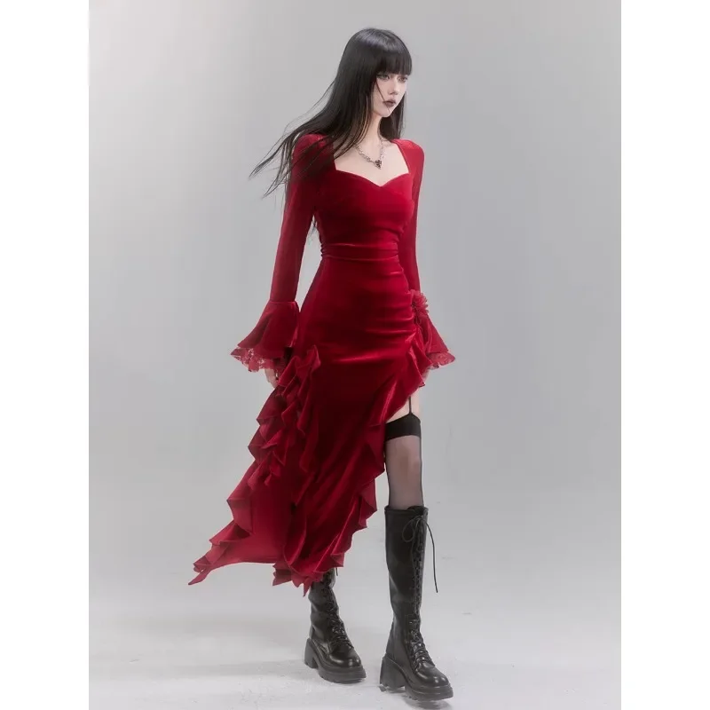 Christmas Cosplay Red Long Velvet Dress Novelty Rose New Year Dresses Women Girls Mature Role Play Outfit Holiday Party Warm