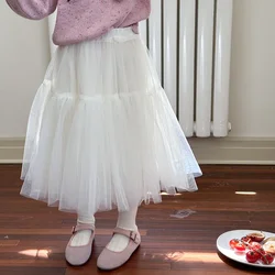 Childrens Clothing 2024 Childrens Temperament Versatile Skirt White Fairy Fashion Cute Skirt Tutu Skirt Girls