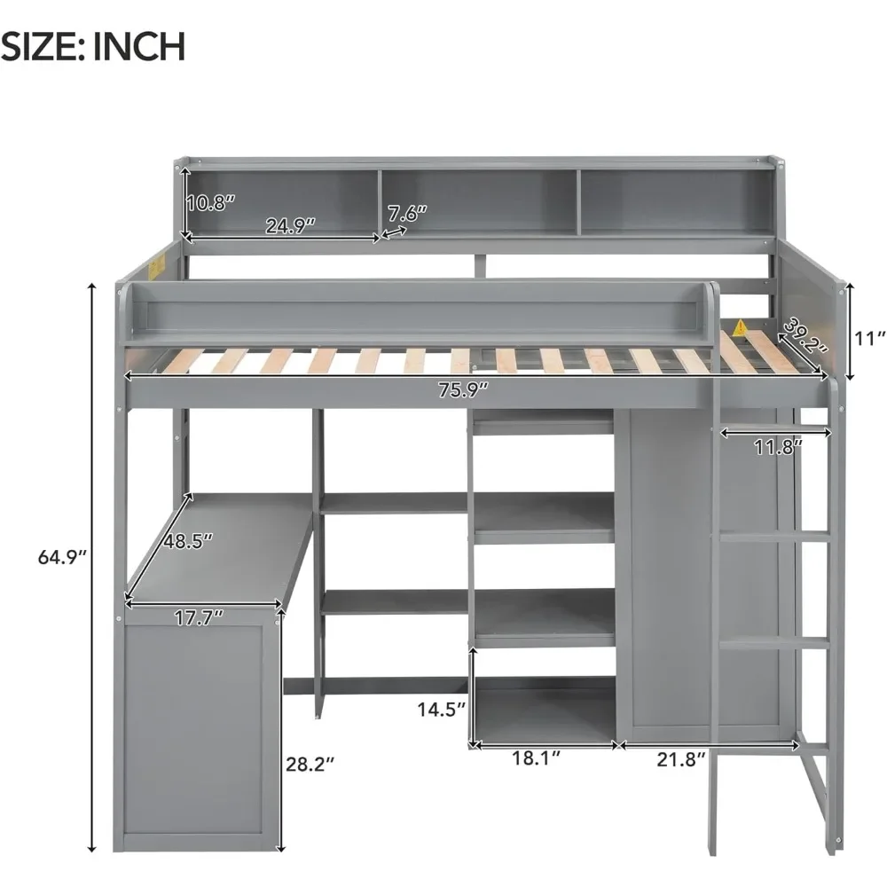 Twin Size Loft Bed with Wardrobe and Desk, Wood Loft Bed with Storage Shelves, Closet and Hanging Rode, High Loft Bed Frame