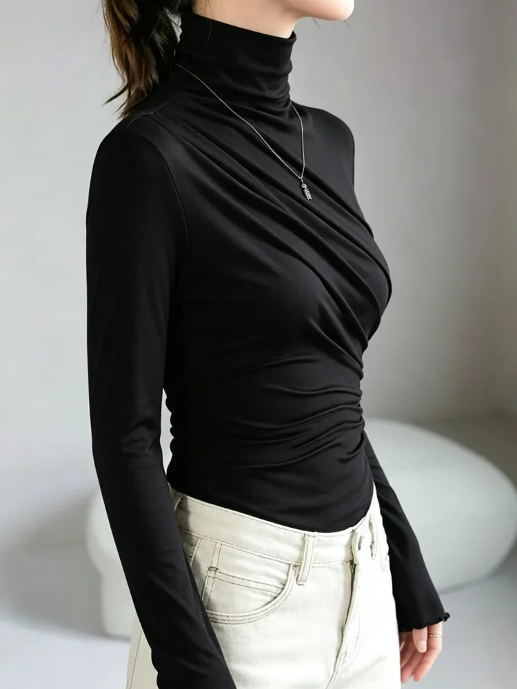 Herbst Damen Rollkragen Langarm-Oberteil Elegante Diagonal Geraffte Slim-Fit Bluse Einfarbiges Plissiertes Basic-Shirt Modisch Lässig – Detail 4
