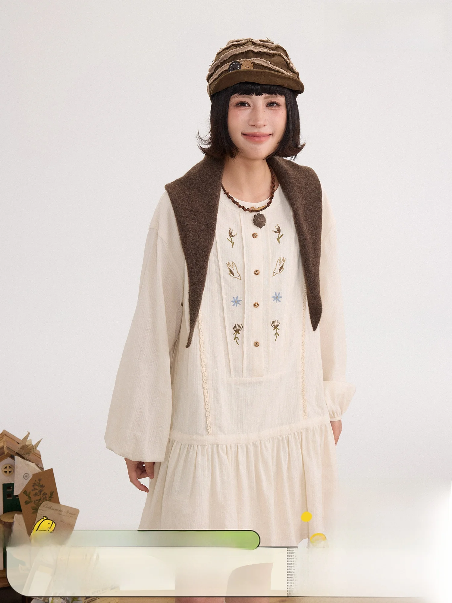 

Retro Pure Cotton Floral Embroidery A-Line oulder-Down irt Women's Loose Fit Casual Long Sve round Ne Button-Up Top