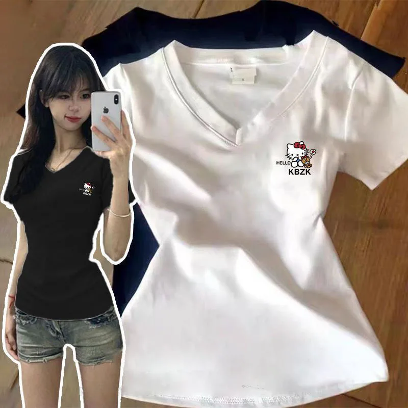 

Sanrios Hello Kittys T-Shirt Women's Summer V-Neck Short Sleeve Slim Versatile Tops Ladies Fashion Casual Shirts Kawaii Pullover