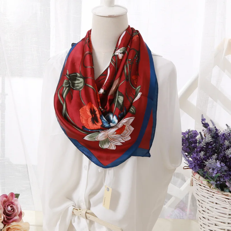 New Fashion Silk Color Flower Square Scarf 90*90cm Women Neck Hair Tie Band Bag Warp Soft Neckerchief Hijab Headscarf Foulard