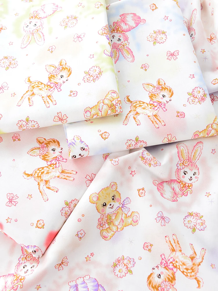 Rabbit Cat Pure Cotton Fabric Handmade DIY Clothing Cute Cartoon Showa Style Small Animal by Half Meter