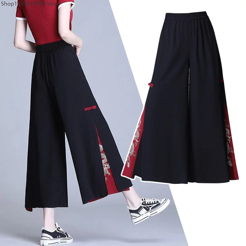 Chinesischer Stil Chiffon Weite Hosen mit Stickerei Ästhetische Elegante Ethnische Hosen mit Seitenschlitz Kimono Baggy Tanzhosen für Damen