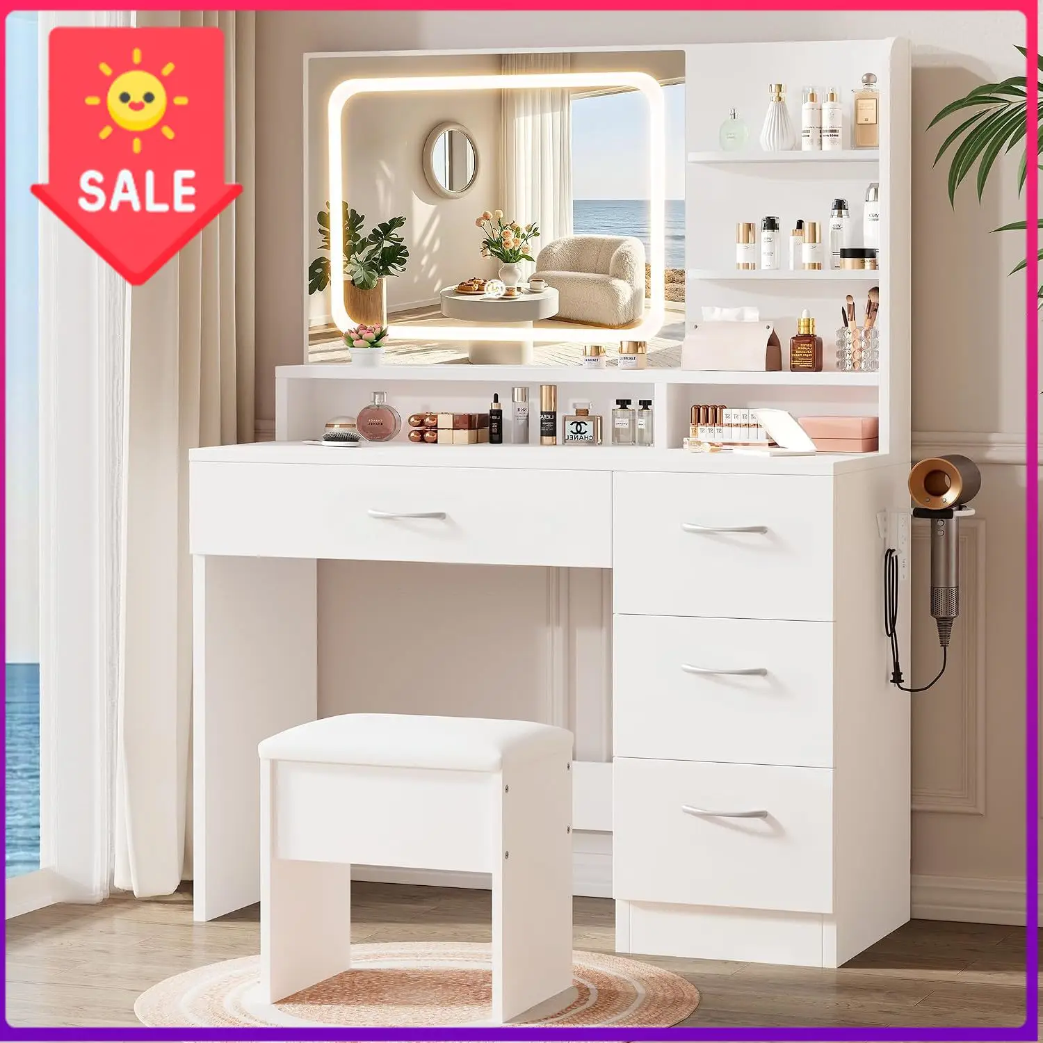 White Makeup Vanity Desk with Charging Station & 4 Drawers | Smart LED Mirror, Cushioned-Stool, Hairdryer Rack
