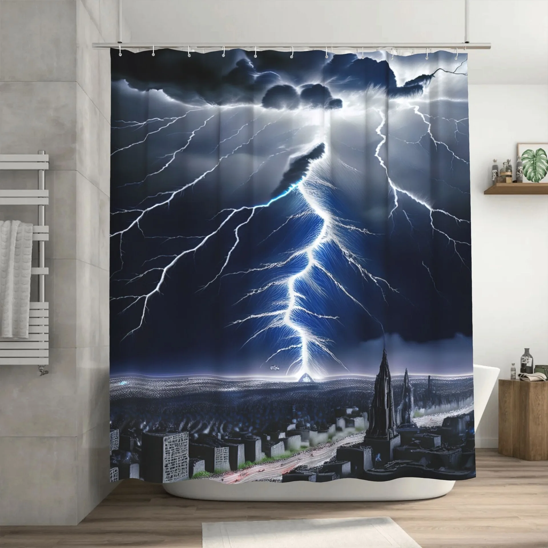 暗い雲と稲妻の風景柄シャワーカーテン、洗濯可能、防汚、防水ポリエステル製バスカーテン