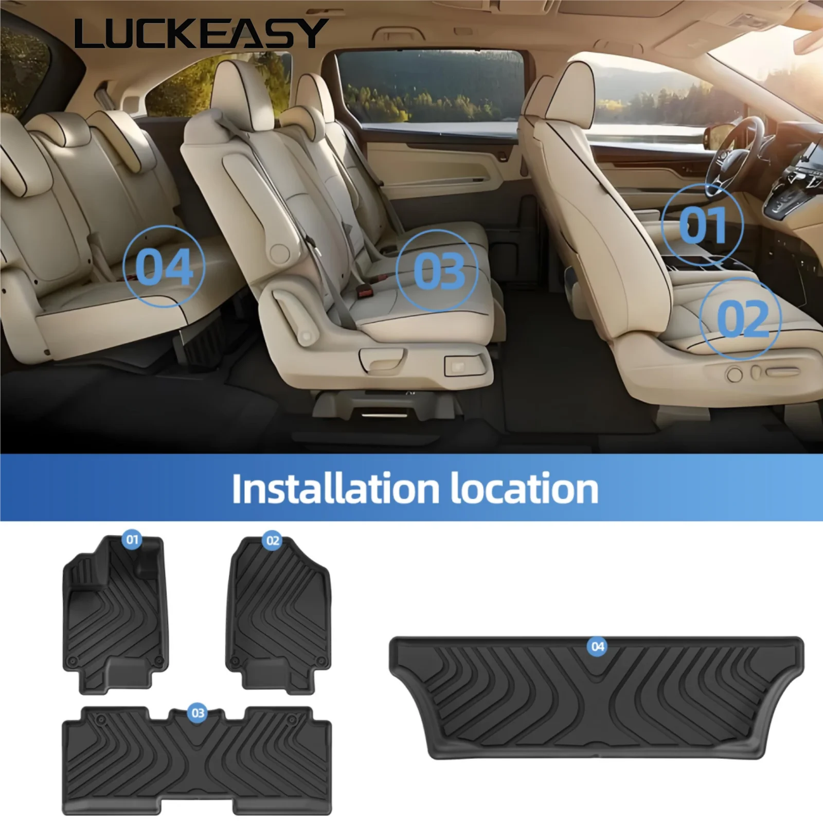 LUCKEASY Left Drive for Honda Odyssey 7Seats 2018-2025 2026 Mini Passenger Van TPE 3D Car Floor Mats Cargo Liner Trunk Pad