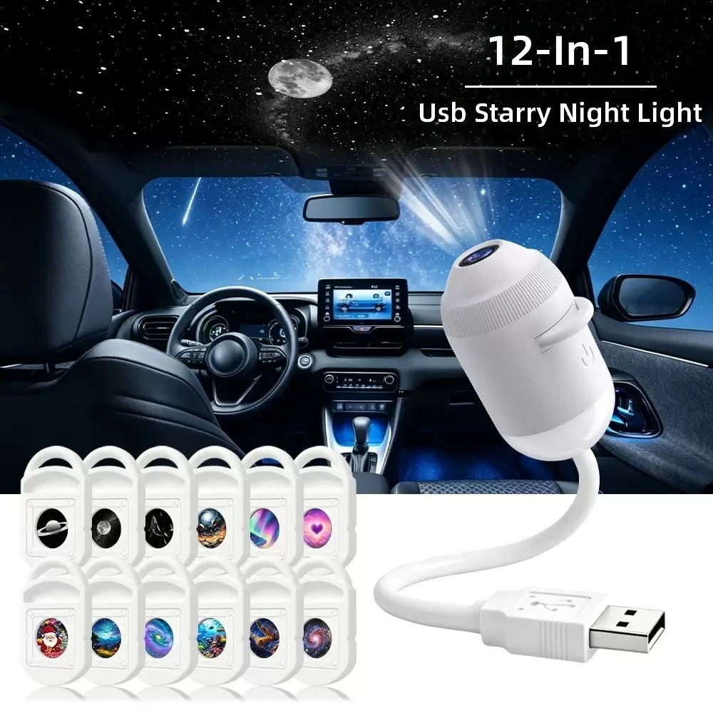 2-in-1 USB Starry Sky Projector Light – Romantic Galaxy Ambient Light, suitable for car interiors and bedrooms, with nighttime l