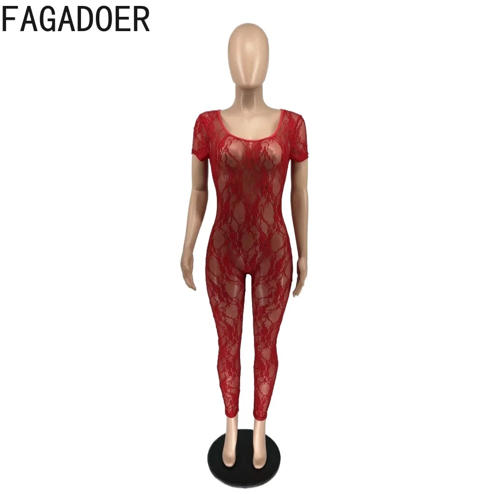 FAGADOER-Macacão sem costas feminino perspectiva de renda, bodycon, gola redonda, manga comprida, macacões finos, macacão de boate sexy, moda