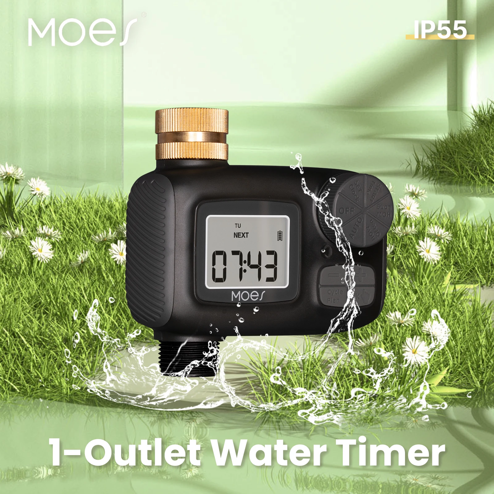 1-Outlet Water Timer IP55 Waterproof Brass Inlet Rotary Knob Button Control With LCD Display Screen Rain Delay Child Lock