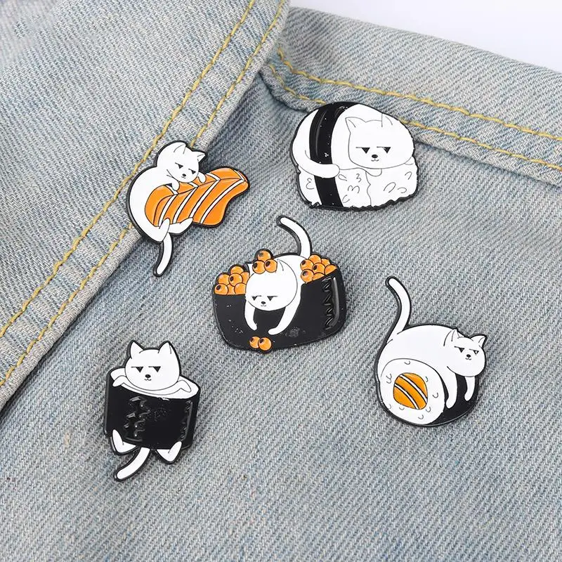 Sushi Cat Enamel Pin Custom Cuisine Rice Roll Cat Brooches Cartoon Kitten Badges Bag Clothes Pins Jewelry Gift for Cat Lover