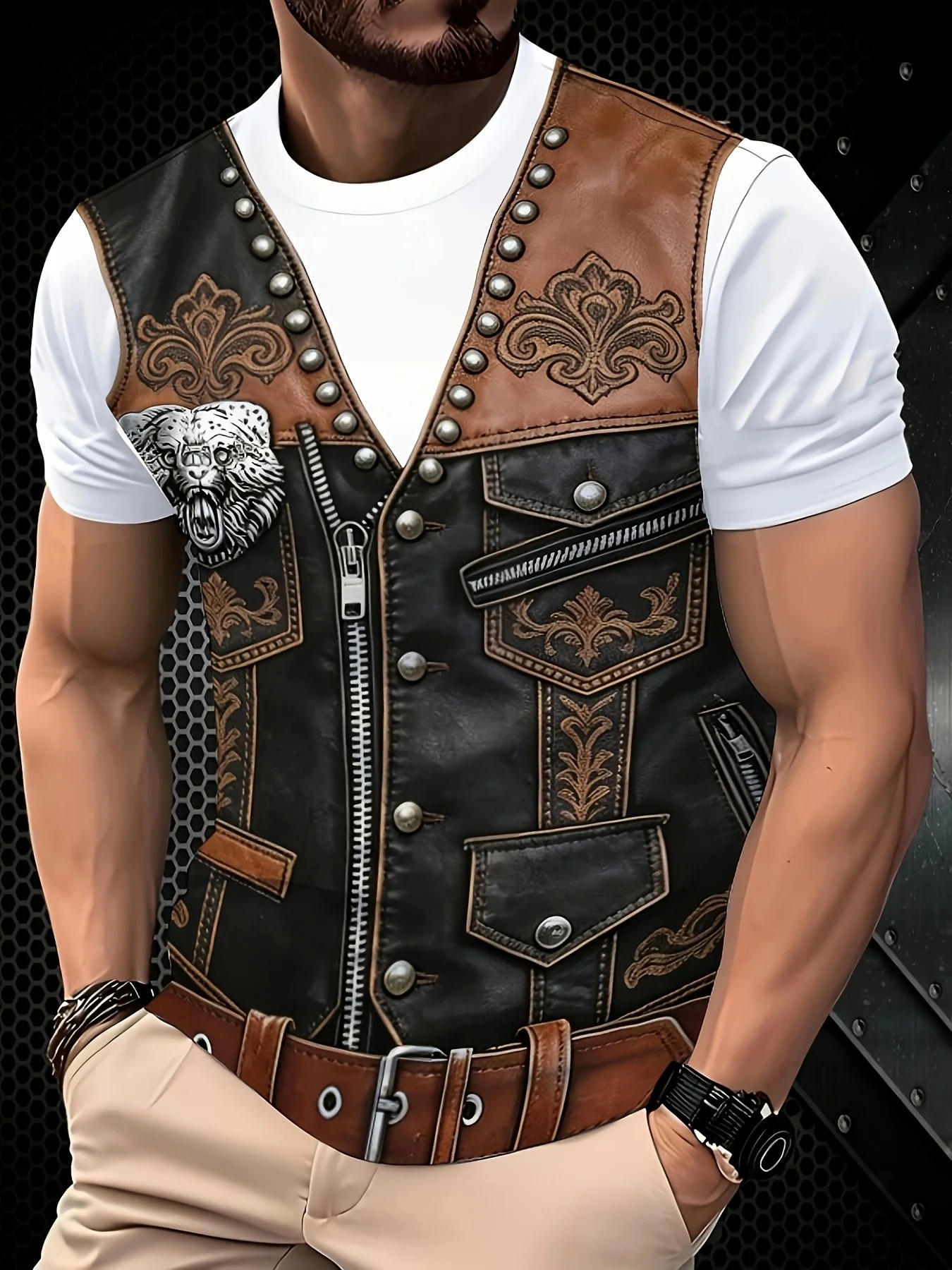 Men's Vintage Biker Leather Vest Tiger Head Print Round Neck Short Sleeve T Shirt Loose Versatile Street Casual Tee Men Clothing