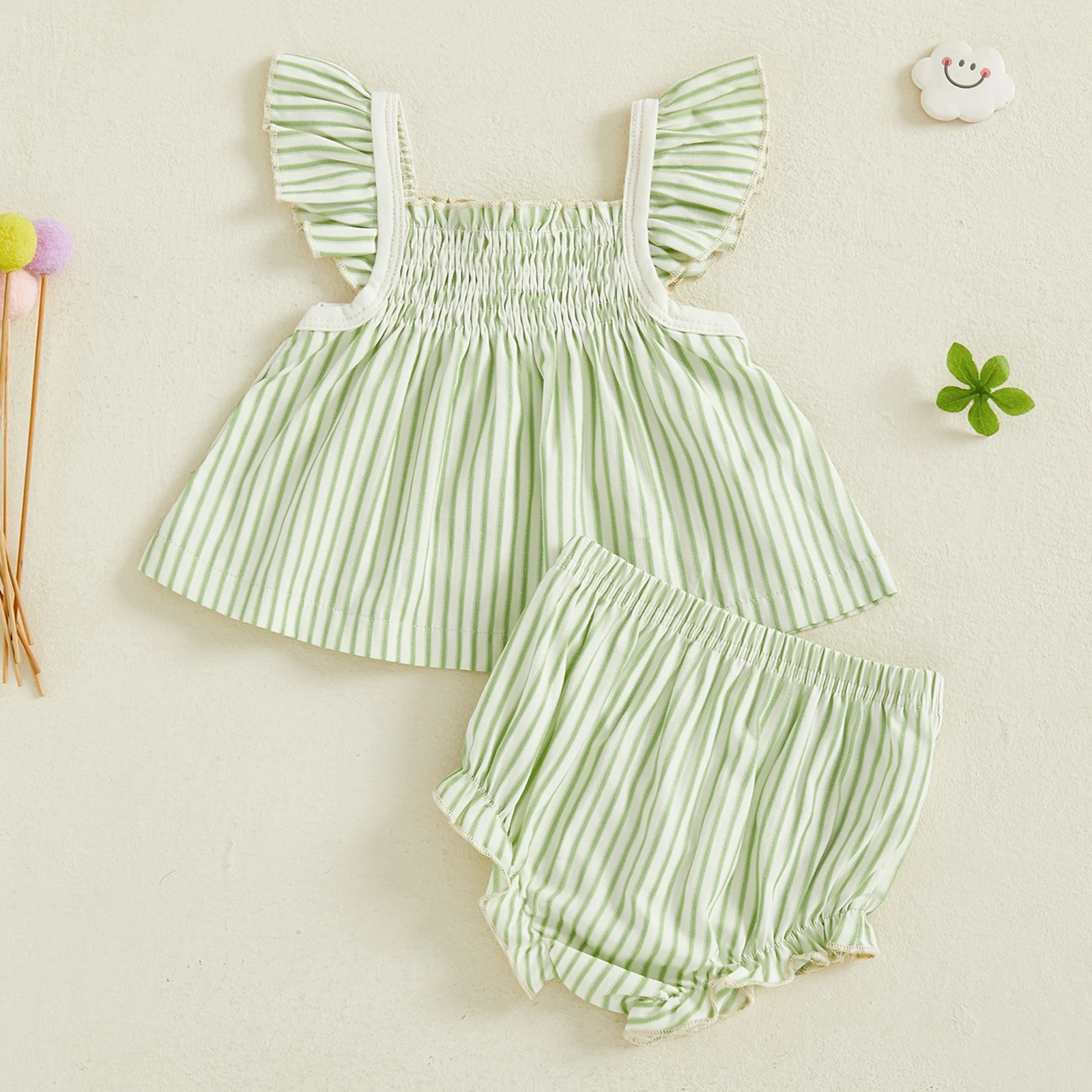 3-24 متر الرضع طفل الفتيات الصيف 2 قطعة وتتسابق تحلق كم مخطط ألف خط القمم PP السراويل مجموعات #4