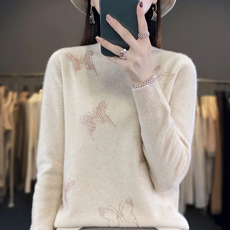 

2024 Autumn And Winter New Round Neck Knitted Sweater Printed with Diamonds Loose Fit Fashion Underlay Cashmere Top C90