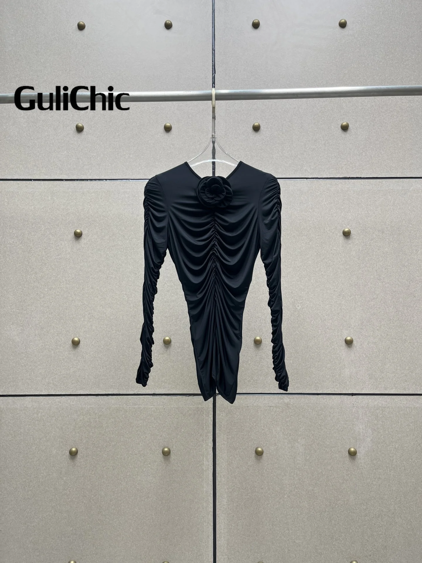 9.29 GuliChic Hot Girl Fashion Round Neck 3D Flower Slim Folds Blouse Or Draped Sexy Back Hook Buckle Stretch Skirt Set Women