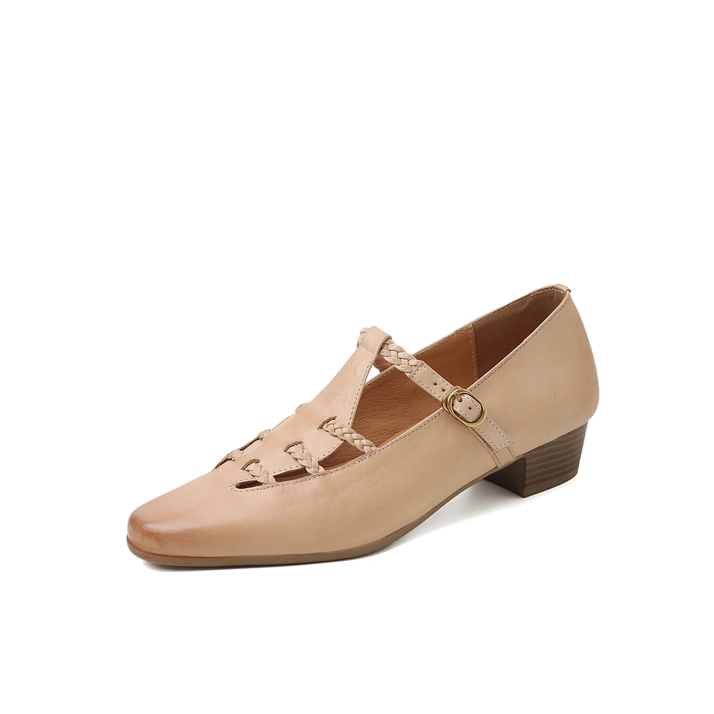 Genuine Leather Mary Jane Pumps Women Vintage Round Toe Buckle Strap Chunky Low Heel Shallow Dress Shoes