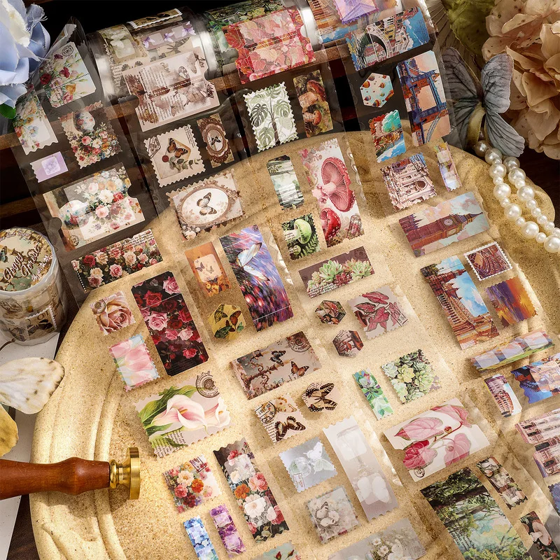 1 Rolle ästhetisches Vintage-Stempel-Washi-Tape, Aufkleberband, DIY, Tagebuch, Scrapbook, Basteln, Dekor