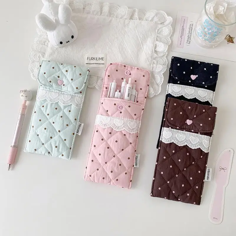 Niedliches Stiftetui mit Polka-Dot-Muster, gesteppte Brillentasche mit Spitzenbesatz, weiches Schutzfutter, tragbare Aufbewahrungstasche, Schreibwaren-Tasche – Detail 7