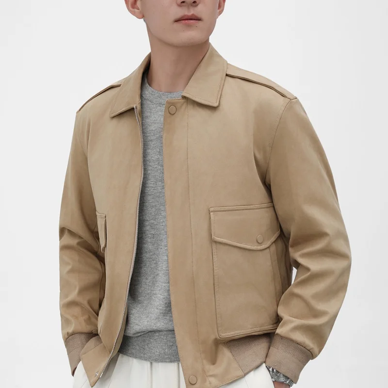 رجل الأعمال الراقية لينة الجلد المدبوغ المخملية الخريف/الشتاء التلبيب قصيرة نمط الرجال المضادة للتجاعيد سترة معطف #4