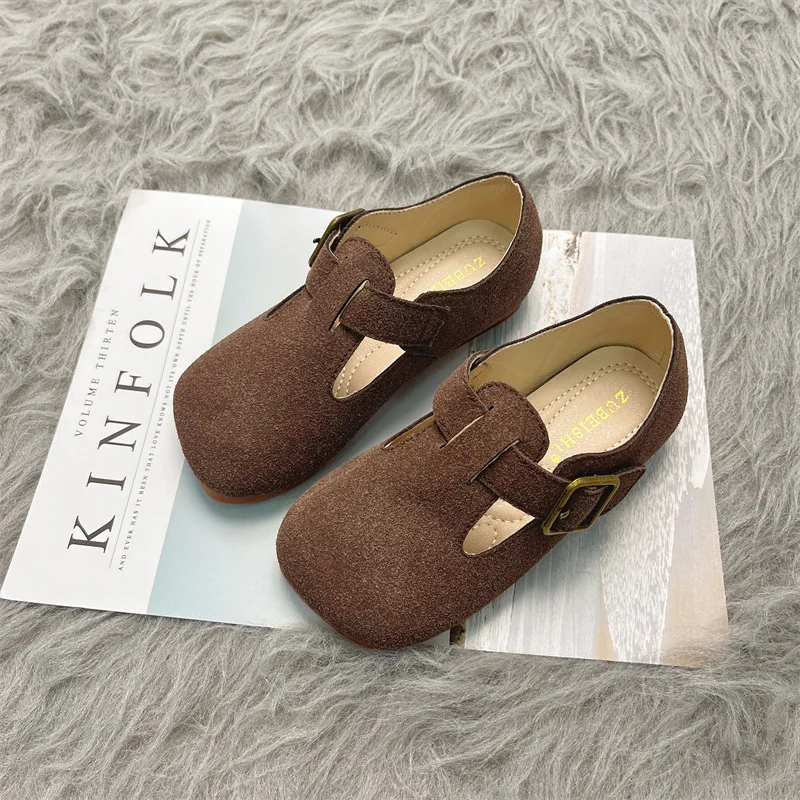 Children\'s Boken Shoes Girls\' Leather Shoes 2023 New Suede Calf Flats Girls\' Bean Shoe Soft Sole Single Shoes