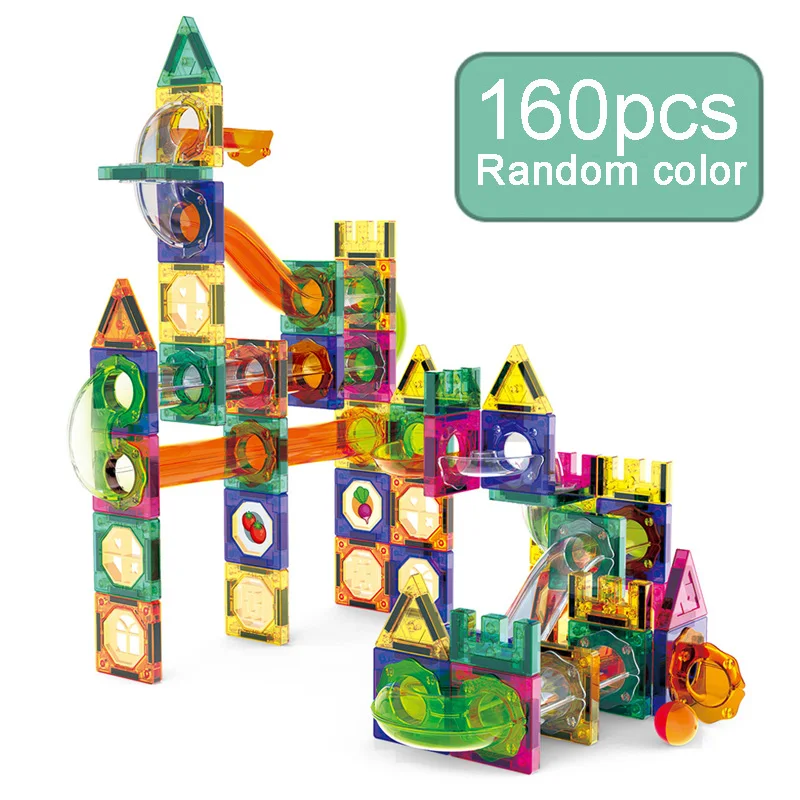 160pcs Magnetic Tiles Marble Run Race Track Toy Set STEM Educational Building Blocks Child Pipe magnet splicing track toy