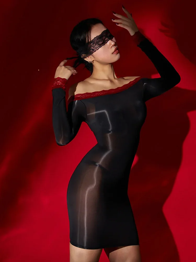 Sexy Slash Neck Damen Bleistift kleider 8d Öl glänzend glatt hochela tisch transparent transparent transparent Mini kleid Wrap Hip Club Outfit Allure