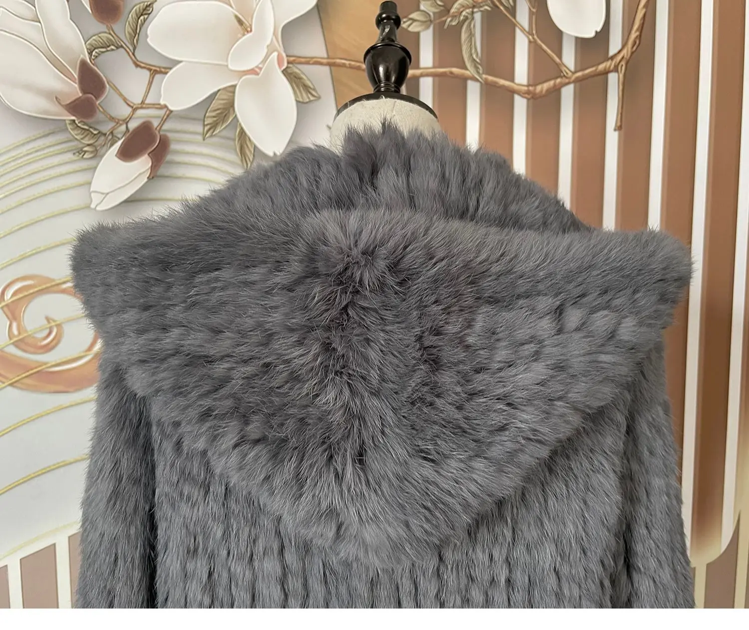 Long Sleeve Casual Loose Knitted Real Rabbit Fur Hooded Coat Women Genuine Natural Rabbit Fur Outwear Female Fur Jacket