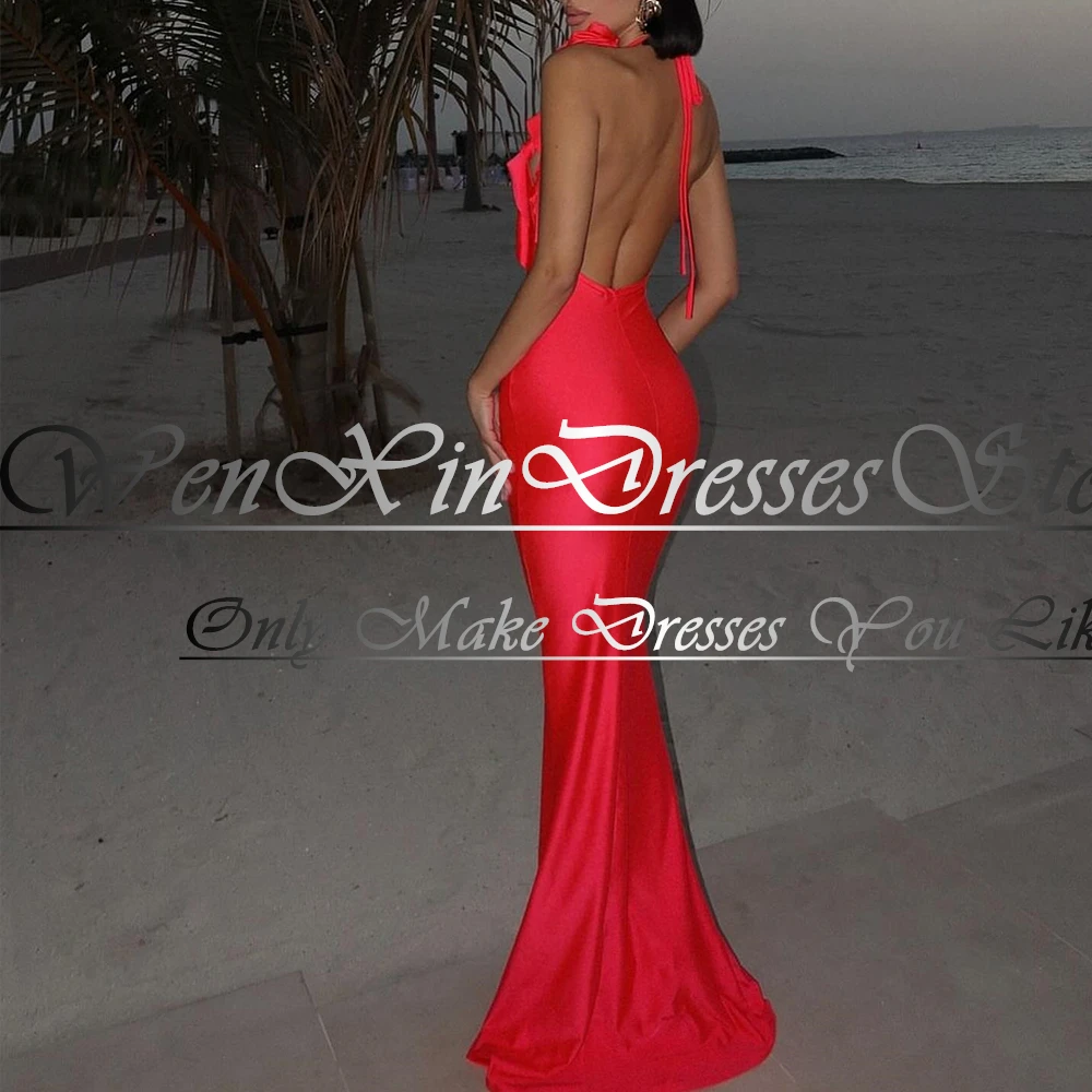 Sexy Halter Sleeveless 3D Flower Solid Color Mermaid Sweep Train Satin Floor Length Wedding Party Gowns Bespoke Occasion Gowns