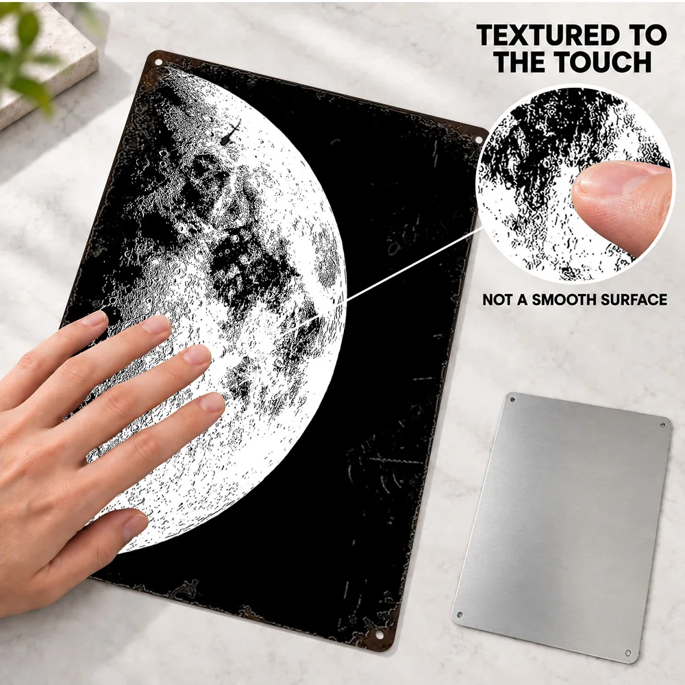 Monochrome Moon Close-Up Textured Metal Poster Astronomy Graphic Bedroom Wall Art Customized Aluminum Sign Gift For Stargazers