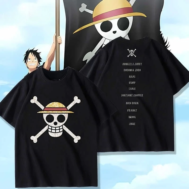 ONE PIECE ONE PIECE Sombrero de paja Piratas Bandera pirata Camiseta periférica de manga corta Ropa para hombres y mujeres Top de cuello redondo