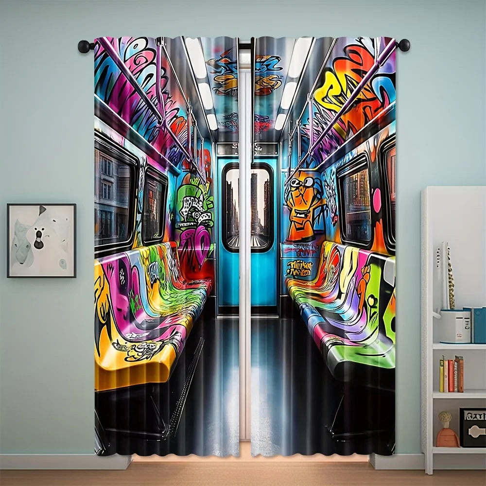 Graffiti Subway Curtain, Urban Street Art Train Window Drape, Hip Hop Style Blackout Panel, Living Room Bedroom Home Decor