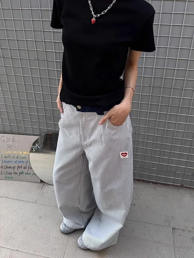 Pantaloni casual a righe verticali blu Uomo Donna Estate Ricamo sottile Gamba larga Coppia Coltello Pantaloni lunghi casual dritti