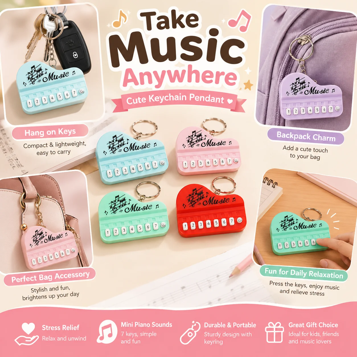 Holiday Portable Mini Musical Piano Keychain Stress Relieving Sound Accessory Ideal Present For Music Enthusiasts 1/2/3 PCS
