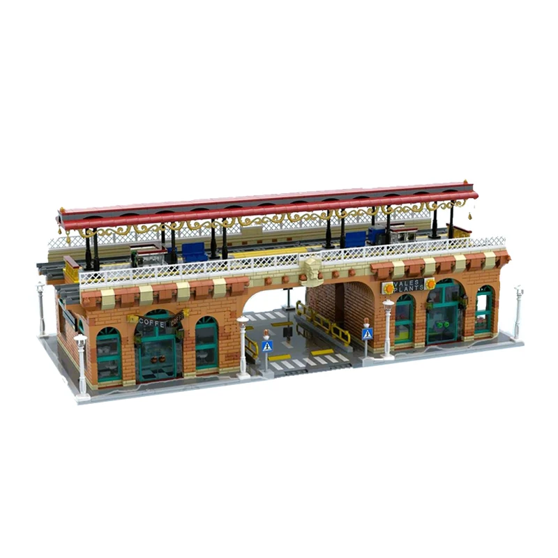 MOC Overground Station Dubbele sporen Model Street View Hoekbouwstenen Modulaire Architectuur Baksteen Gemonteerd Speelgoed Kerstcadeau
