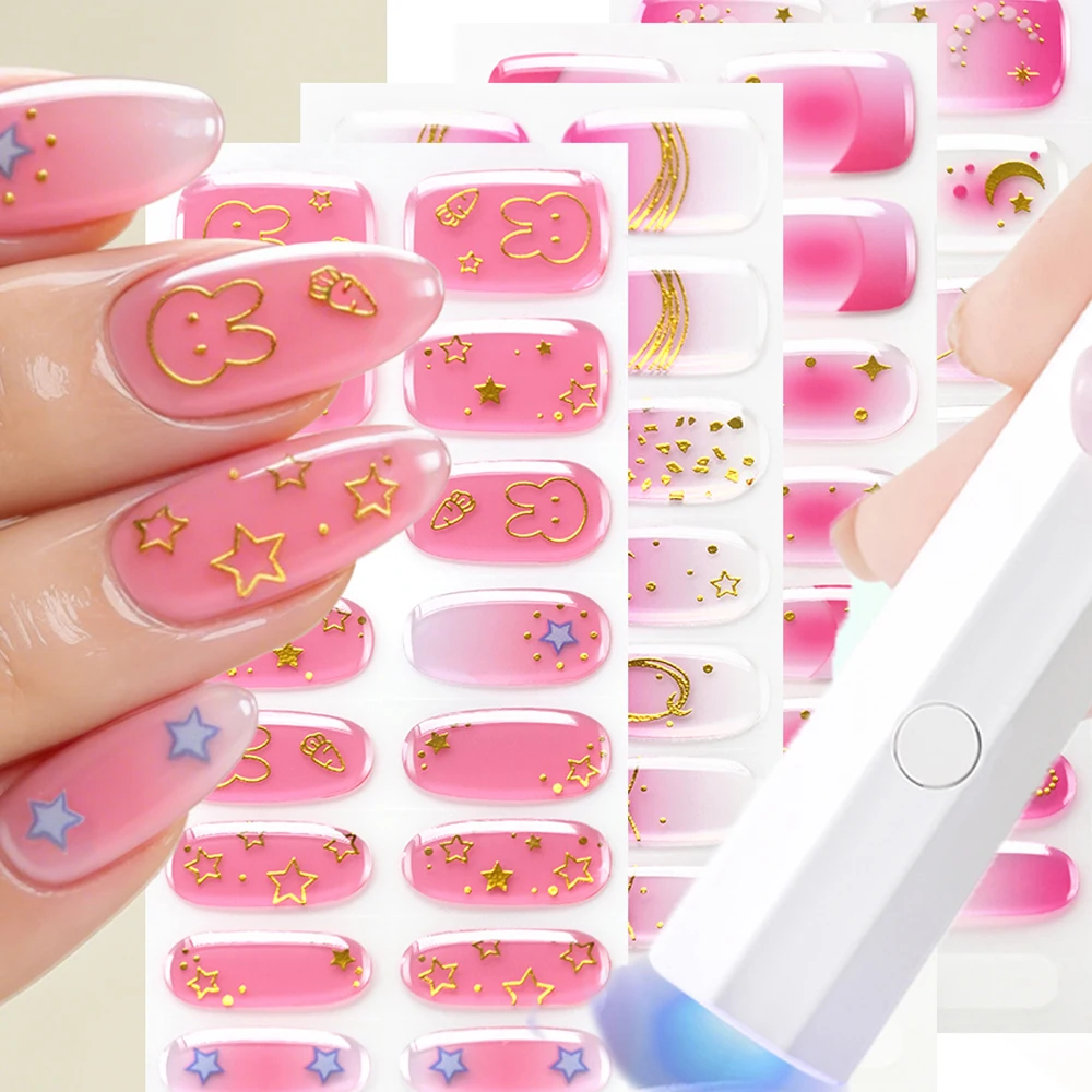 Conjunto de 16 Adesivos de Unha em Gel Semi-Curado 5D com Efeito Gradiente Rosa, Estrelas, Coelhos e Linhas, Decalques de Gel UV/LED de Longa Duração