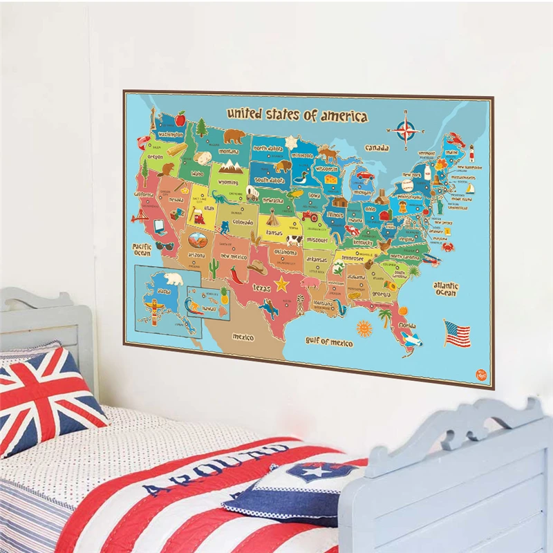 Animal & Plants Map Of American Wall Stickers Kindergarten Classroom Kids Room Home Decoration USA Map Wall Mural Art Pvc Decal